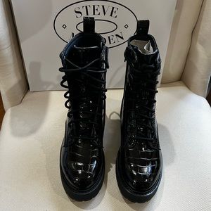Faux Black Croc Skin Combat Boots